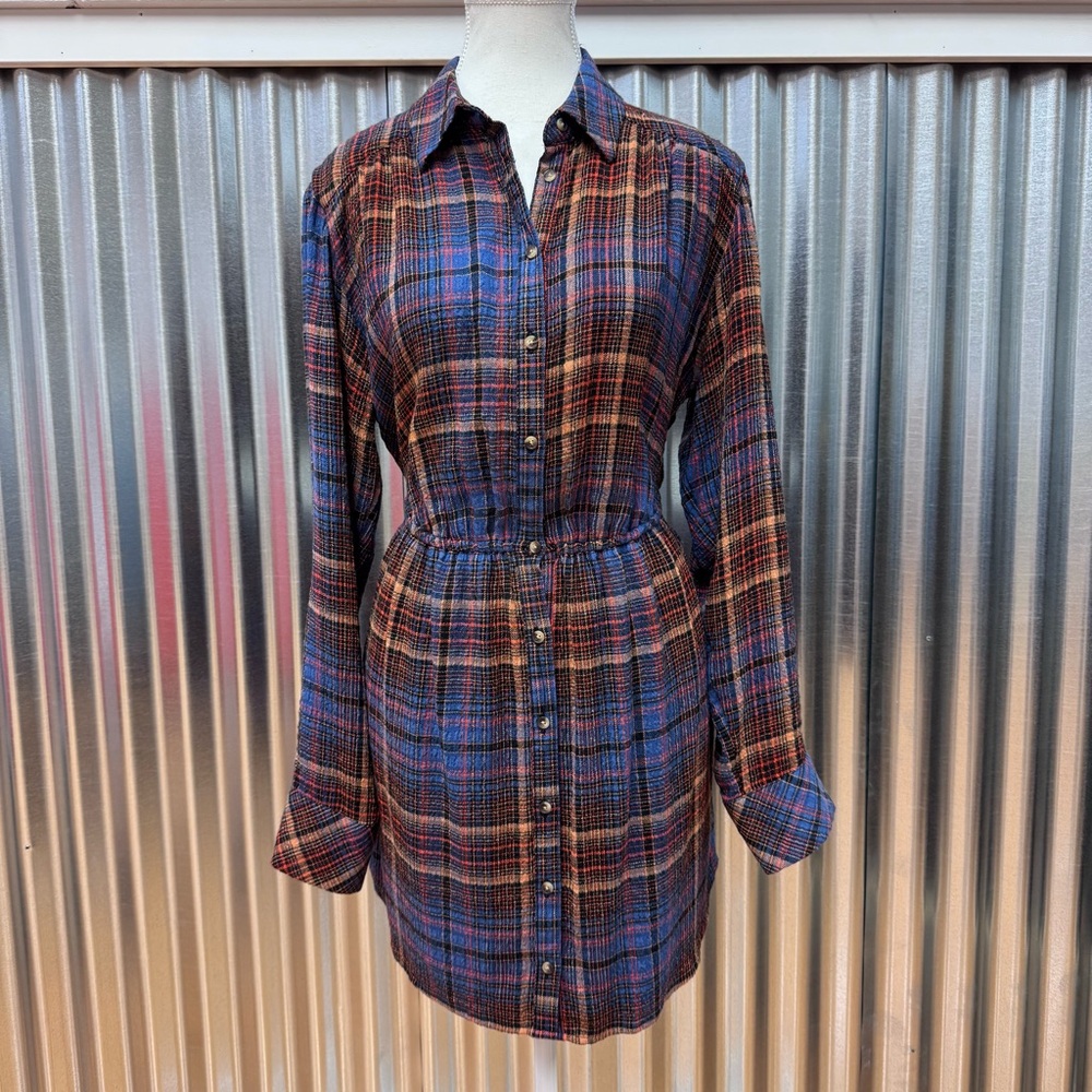 NWT Free People Multicolor Plaid Flannel Button Up Shirt Dress Cut-Out Back